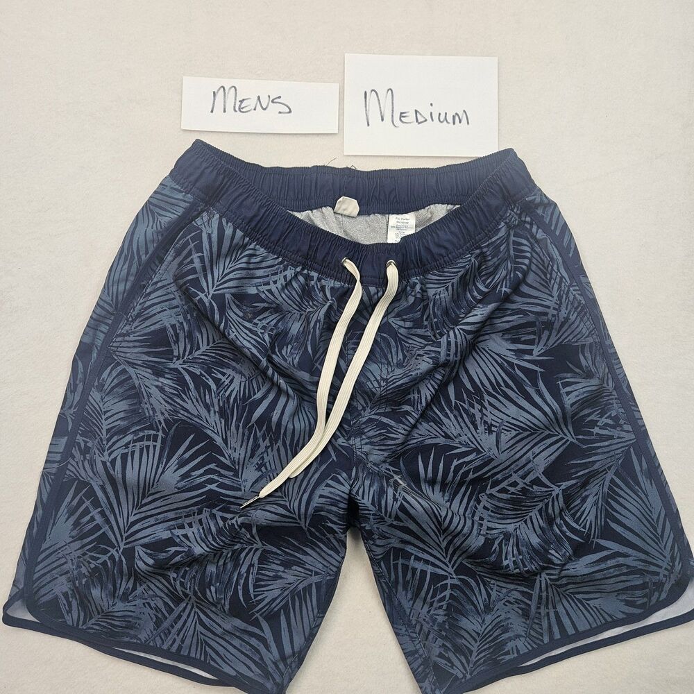 Fair Harbor Men's Activewear Swim Trunks Shorts Navy Blue Palm Leaf Medium